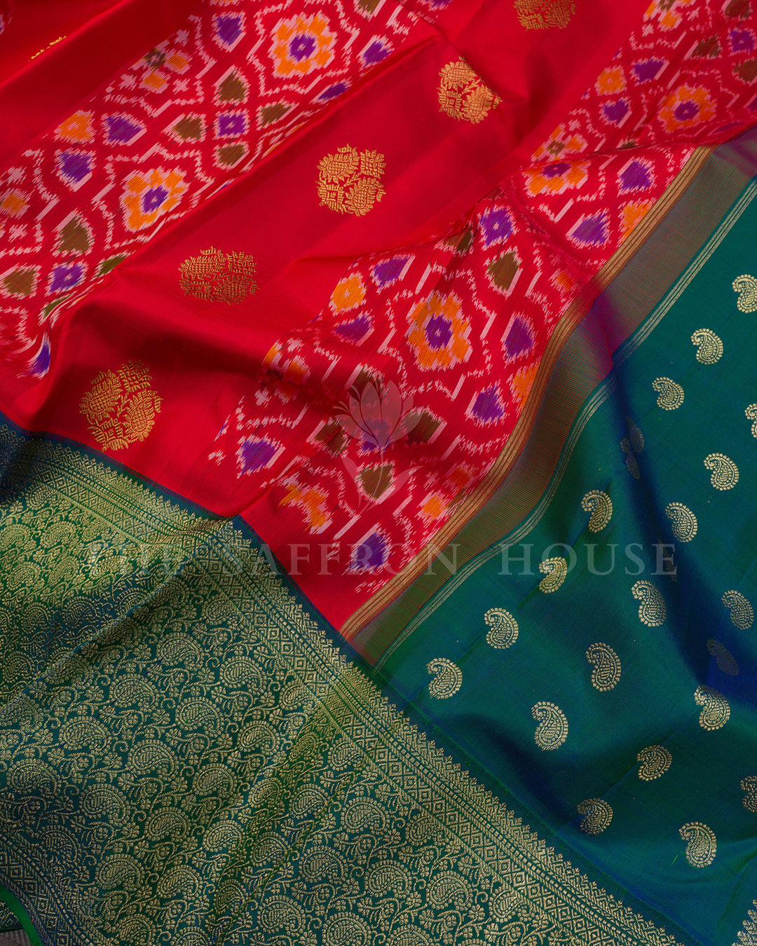 Red Ikat Kanchivaram Silk Saree with Teal Green Paisley Border & Pallu