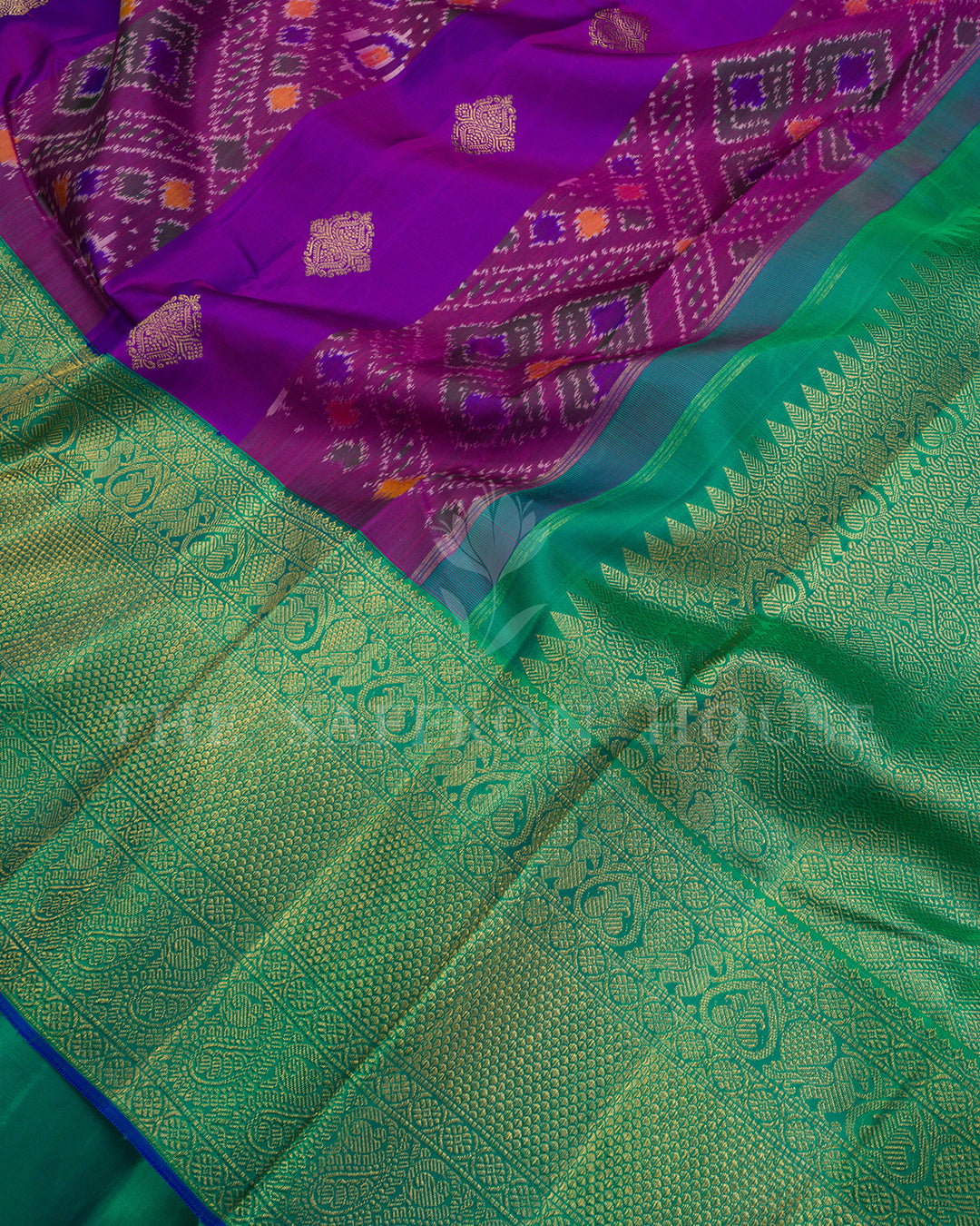 Purple Ikat Kanchivaram Silk Saree with Emerald Green Paisley Border & Pallu