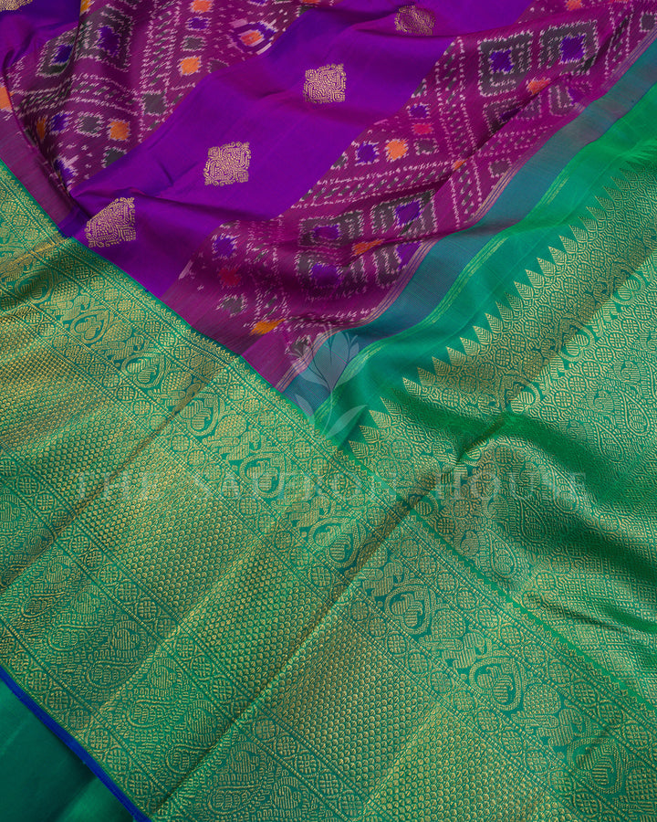 Purple Ikat Kanchivaram Silk Saree with Emerald Green Paisley Border & Pallu