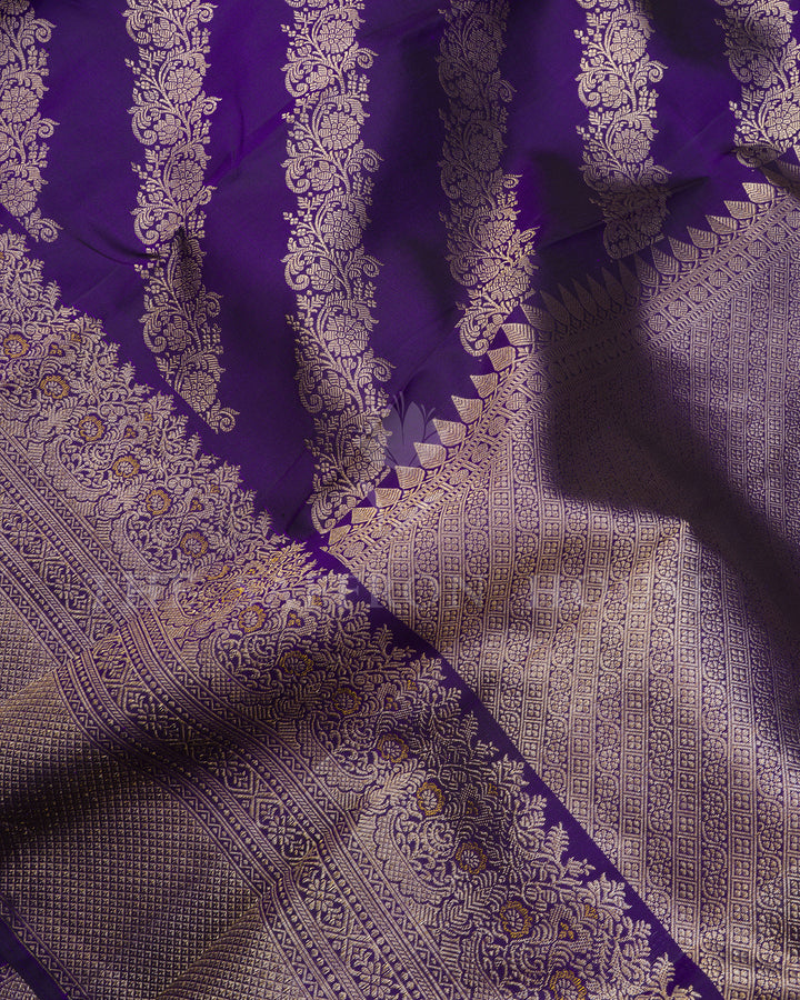 Deep Purple Kanchivaram Silk Saree with Diagonal Zari Floral Stripes & Peacock Border
