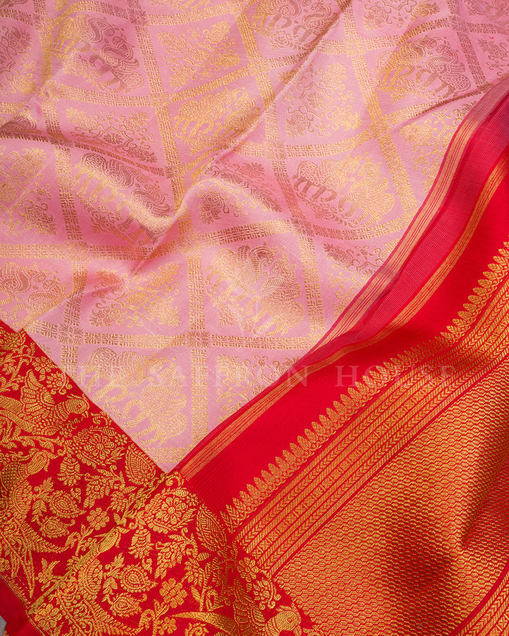 Pink Kanchivaram Silk Saree with Gold Zari Diamond Grid Weave & Red Shikargah Border