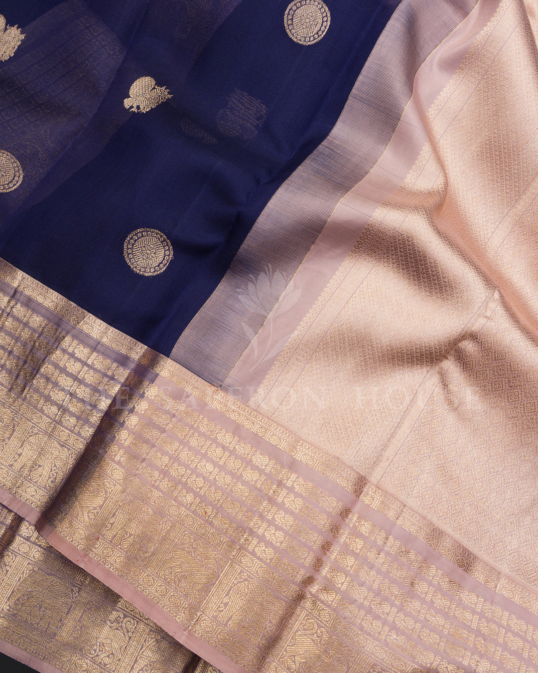 Navy Blue Kora Kanchivaram Silk Saree with Gold Zari Medallions & Peach Elephant Border