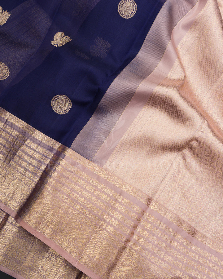 Navy Blue Kora Kanchivaram Silk Saree with Gold Zari Medallions & Peach Elephant Border