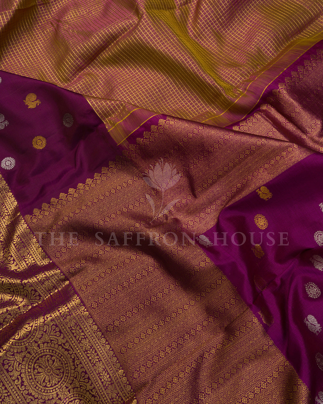 Magenta Kanchivaram Silk Saree with Gold Zari Check Weave & Circular Medallion Border