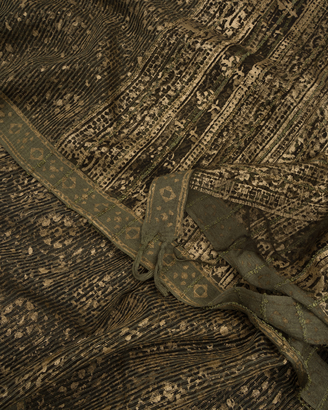 Olive Green Handwoven Tussar Organza Saree With Golden Zari Stripes - TSH2506071-view4