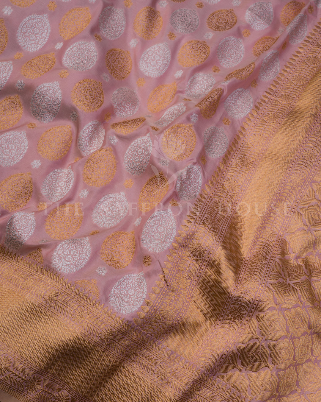 Peach Katan Kadwa Banarasi Saree with Antique Gold Zari