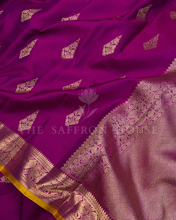 Magenta Kanchivaram Silk Saree with Gold Zari Kalka Butis & Peacock Border, Yellow Contrast Blouse