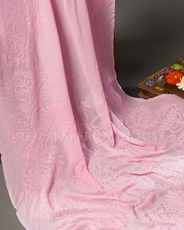 Baby Pink Georgette Chikankari Saree with Tone-on-Tone Floral Embroidery