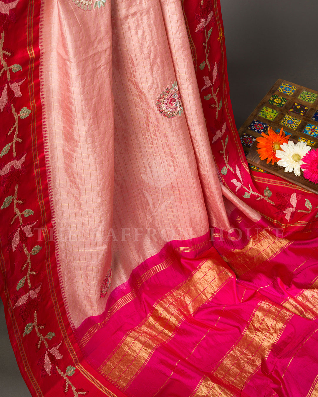 Peach Silk Saree with Zari Check Weave & Hand-Embroidered Rose Vine Border