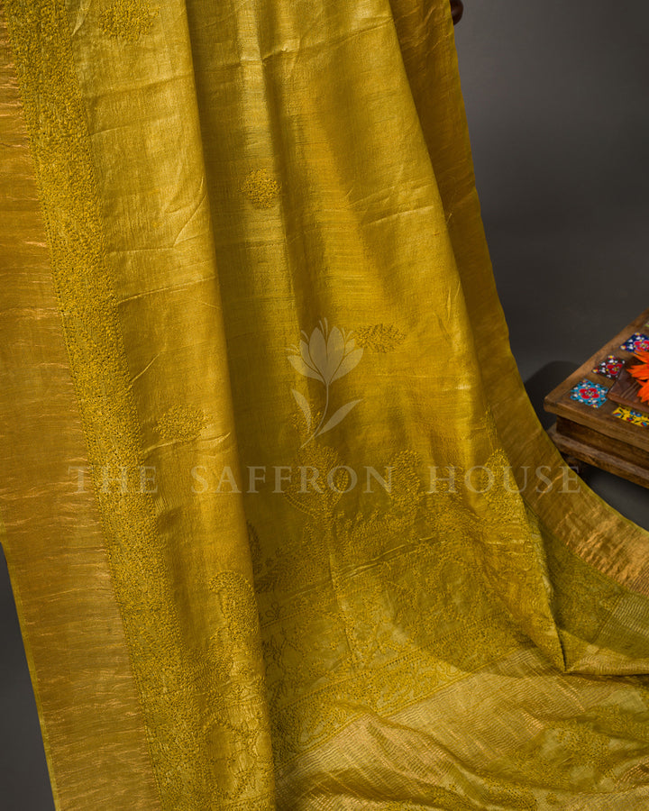Mustard Olive Tussar Silk Saree with Tone-on-Tone Chikankari Embroidery & Tasseled Edge