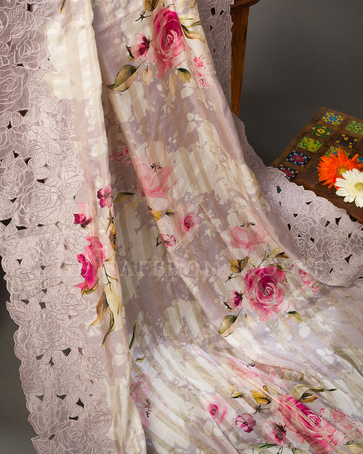 Lavender Organza Saree with Rose Floral Digital Print & Cutwork Scalloped Lace Border