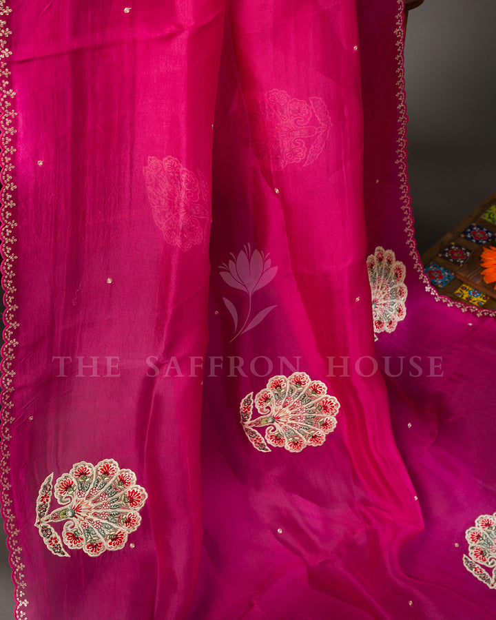 Magenta Pink Organza Saree with Hand Embroidered Floral Fan Motifs & Scalloped Border