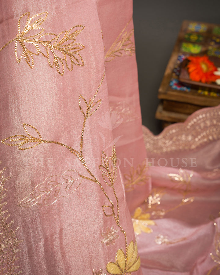 Blush Pink Tissue Organza Saree with Gold Sequin Floral Vine Embroidery & Scalloped Border
