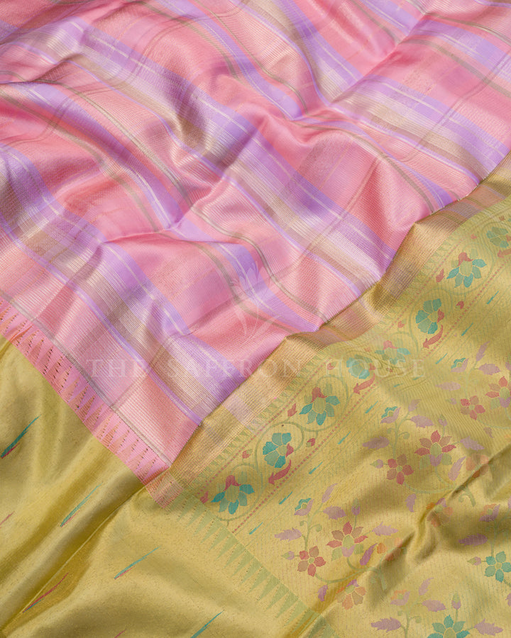 Handloom Kanjivaram Silk Saree in Blush Pink, Soft Lavender And Olive Green - TSH250100