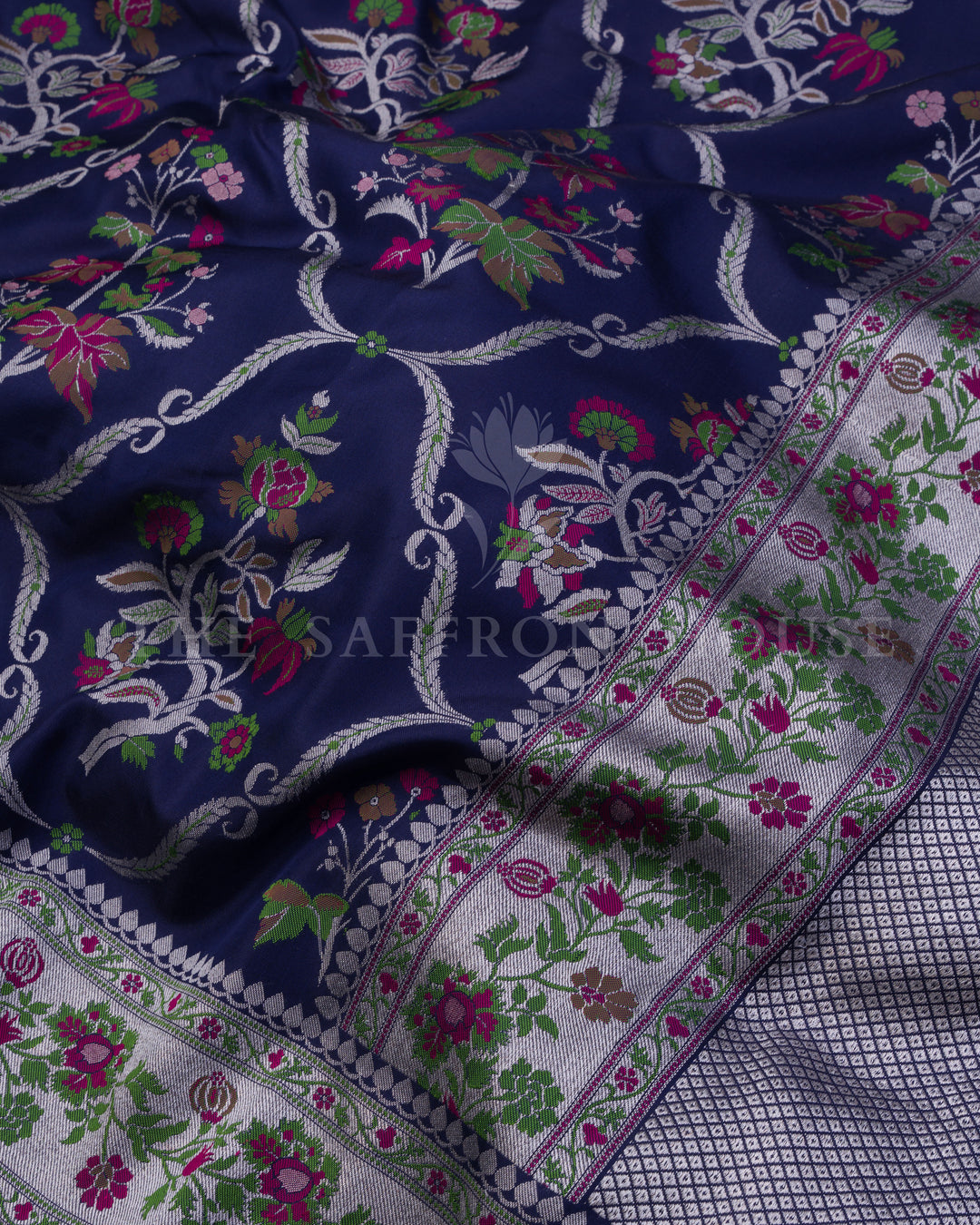 Midnight Navy Katan Banarasi Saree with Resham Floral Jaal and Silver Zari Border