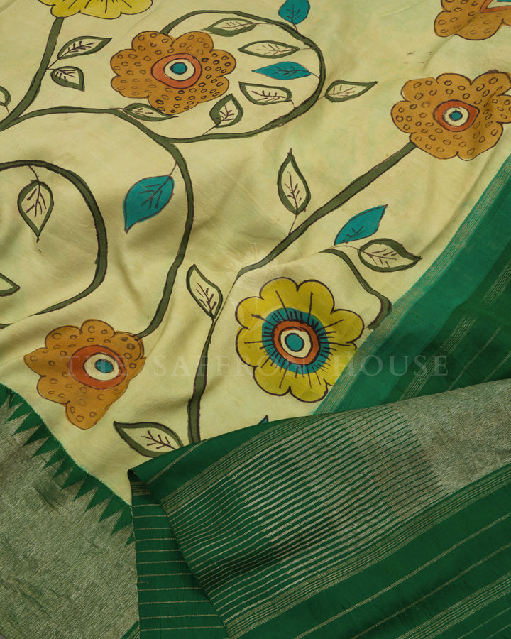 Light Pista Green And Dark Green Kanchi Kalamkari Silk Saree - TSH2506327