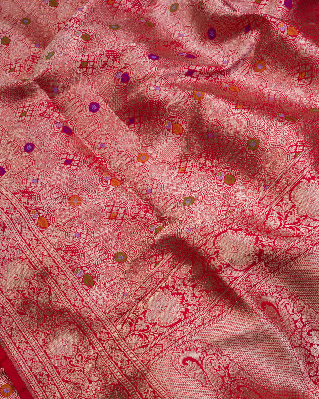 Crimson Red Katan Brocade Banarasi Saree with Meenakari Arch Motifs