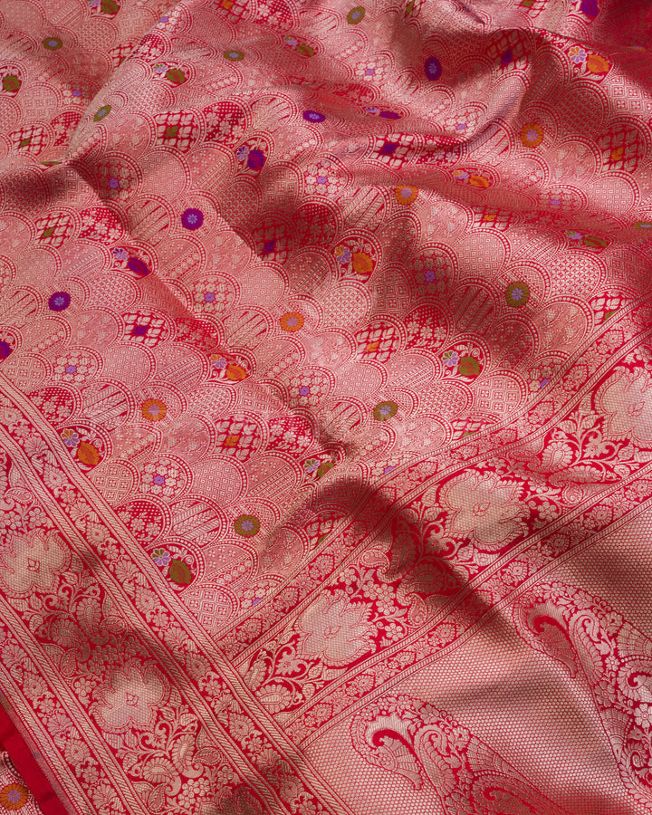 Crimson Red Katan Brocade Banarasi Saree with Meenakari Arch Motifs