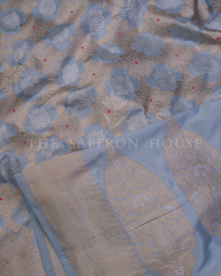 Sky Blue Katan Kadwa Banarasi Saree with Rosebud Motifs and Grand Zari Jaal