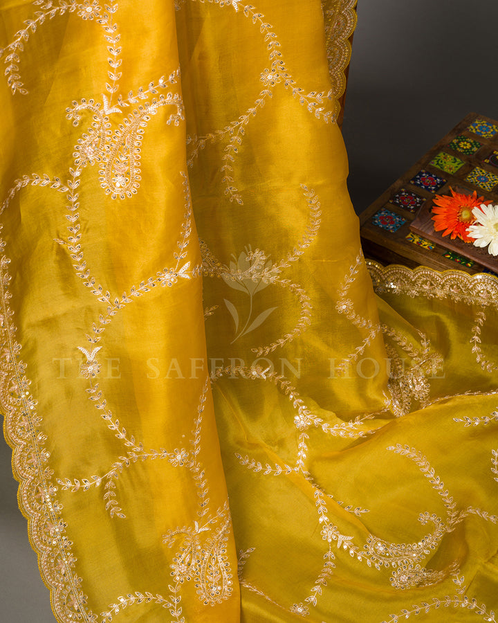 Mustard Yellow Organza Saree with Silver Sequin Paisley Vine Embroidery & Scalloped Border