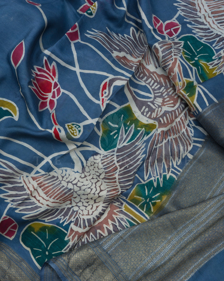 Blueish Grey Printed Kanjivaram Silk Saree - TSH8460019-view5