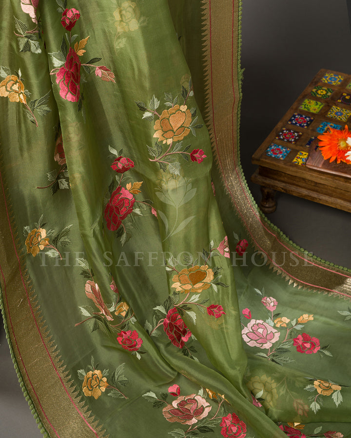 Moss Green Organza Saree with Multicolor Rose Embroidery & Temple Border