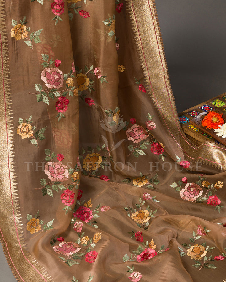 Brown Organza Saree with Multicolor Rose Embroidery & Temple Border