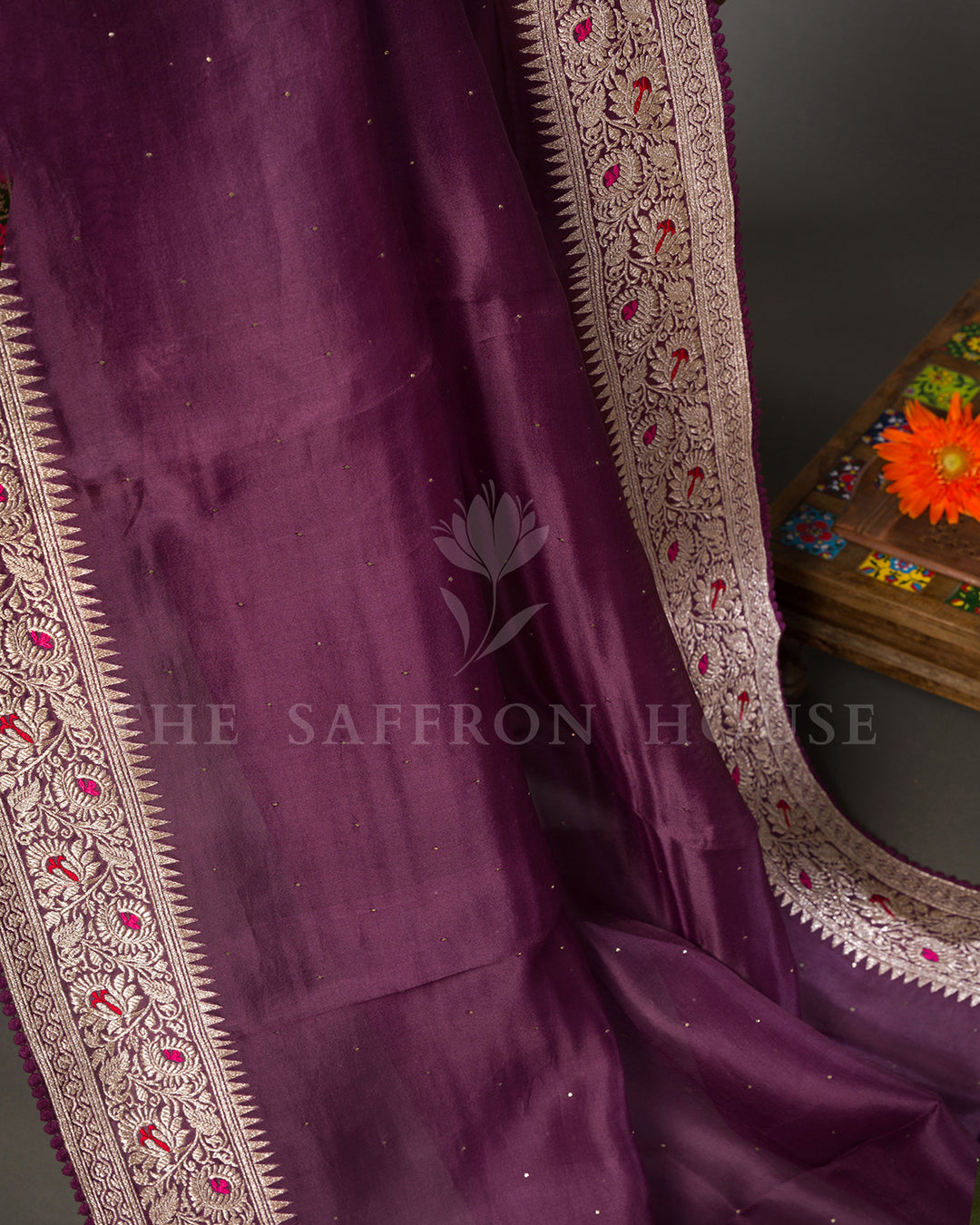 Purple Organza Saree with Zari Floral Border & Mukaish Work