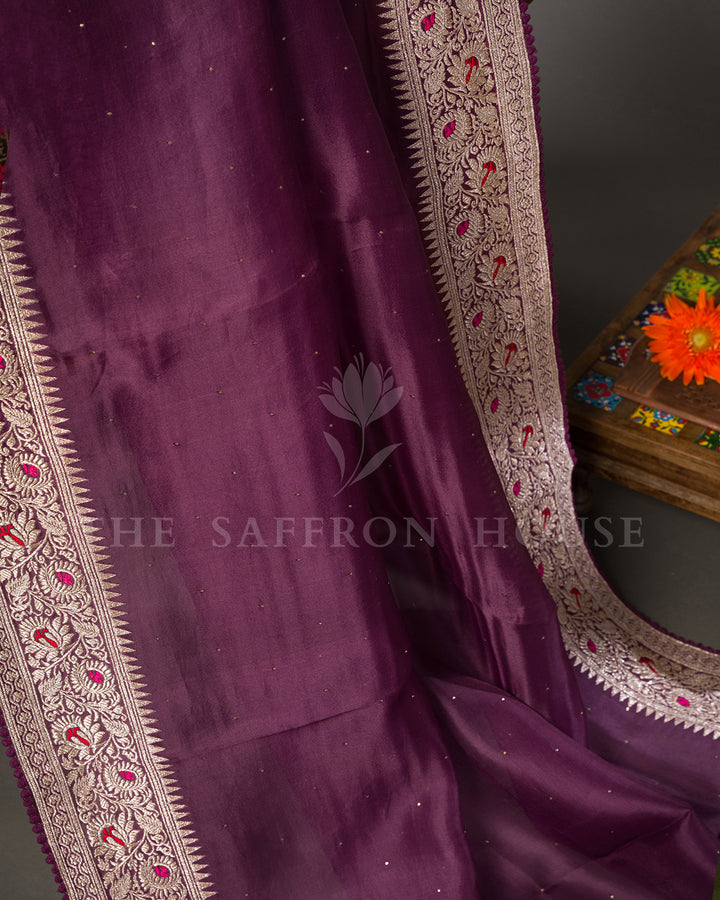 Purple Organza Saree with Zari Floral Border & Mukaish Work
