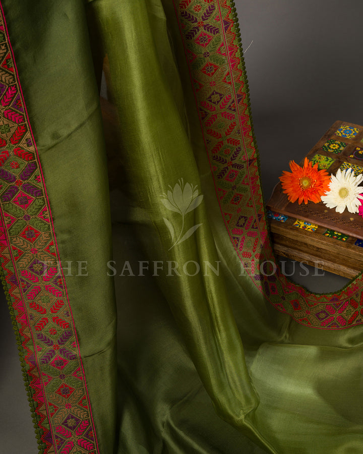 Olive Green Tussar Silk Saree with Geometric Phulkari Border