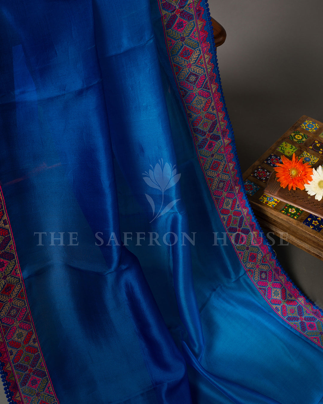 Royal Blue Tussar Silk Saree with Geometric Phulkari Border