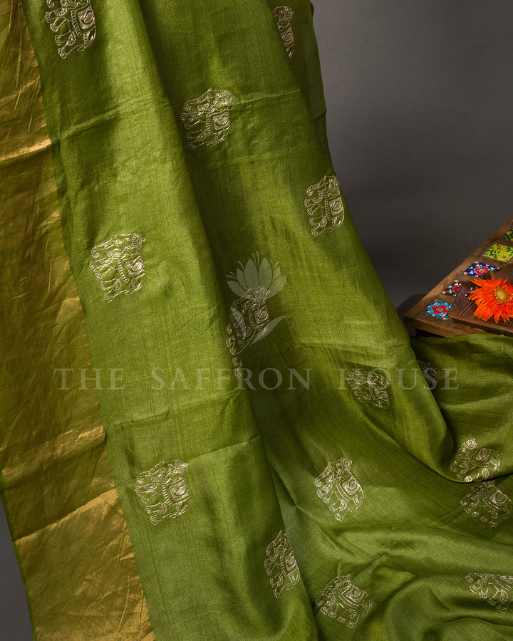 Green Tussar Silk Saree with Gold Elephant Motifs & Kalamkari Print Blouse