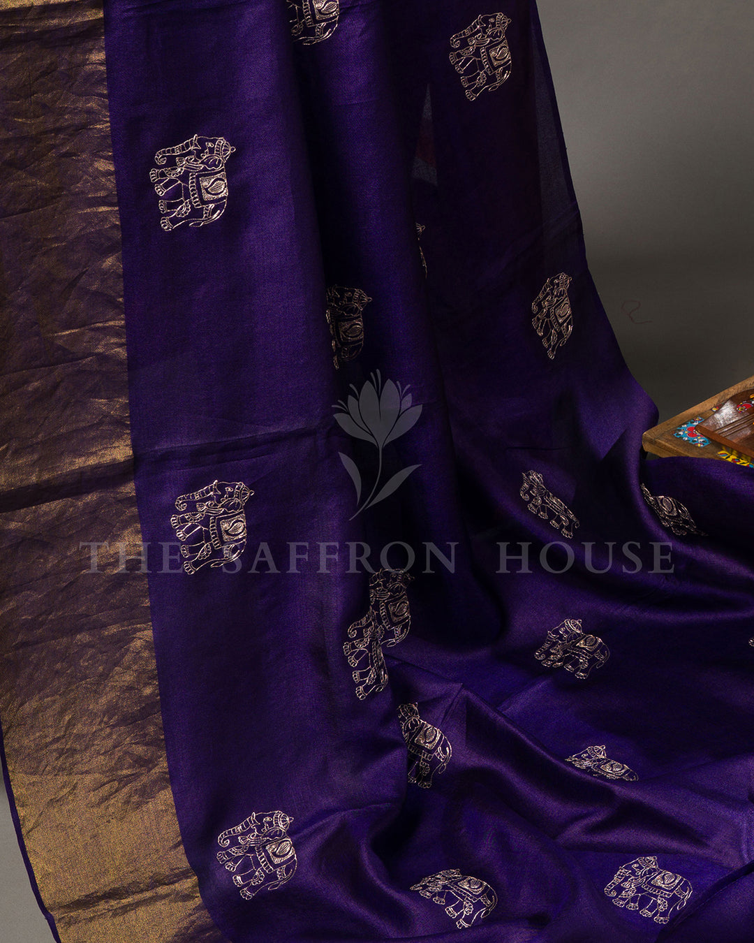 Purple Tussar Silk Saree with Silver Elephant Motifs & Hand-Painted Pichwai Blouse