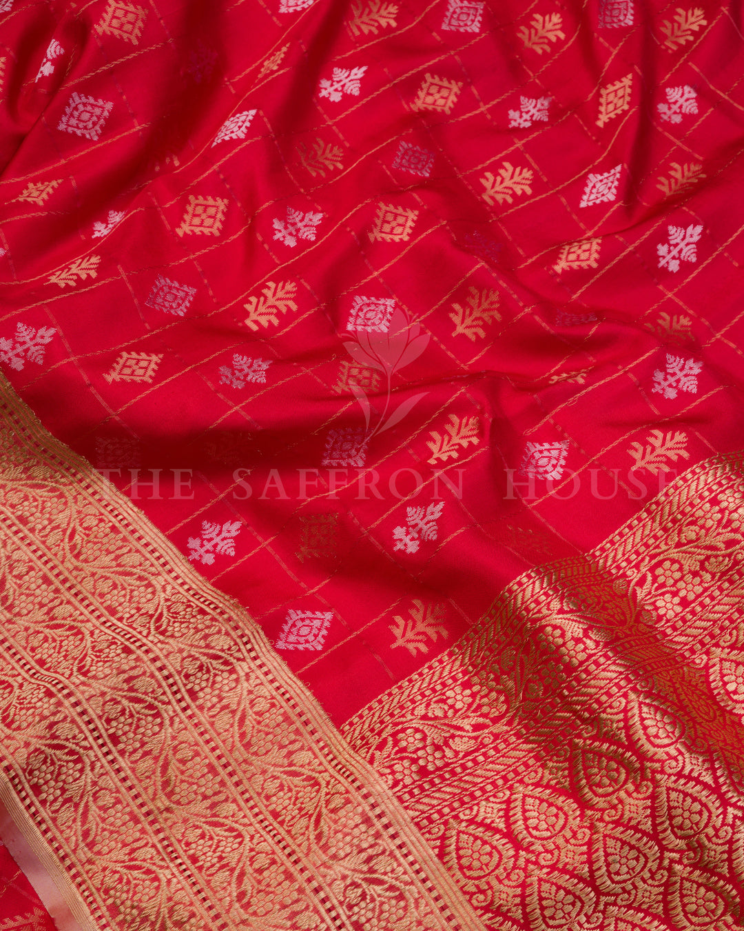 Ruby Red Katan Kadwa Banarasi Saree with Gold Zari Checkered Buttas