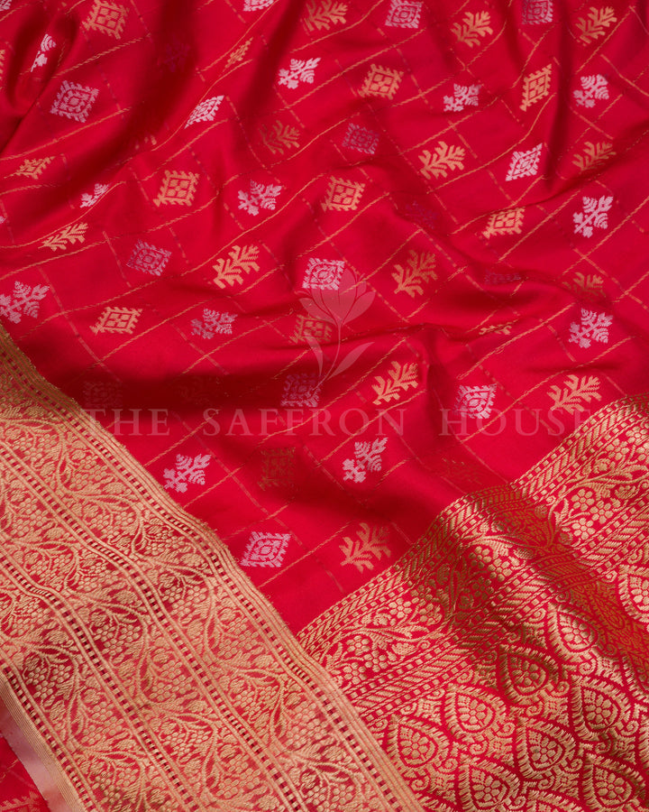 Ruby Red Katan Kadwa Banarasi Saree with Gold Zari Checkered Buttas