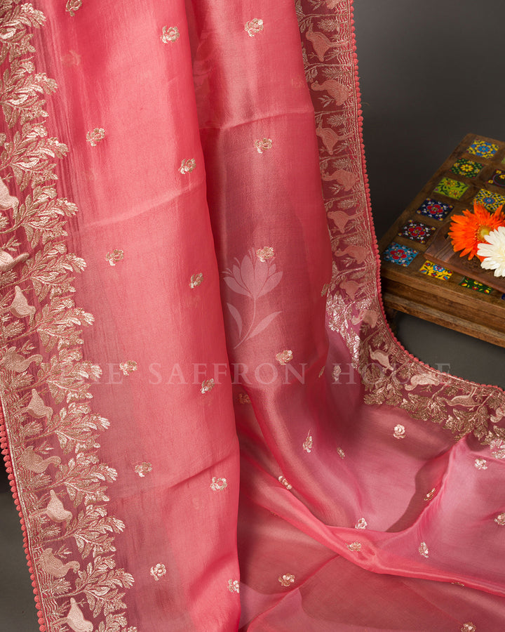Coral Pink Tussar Silk Saree with Woodland Bird & Floral Zari Border
