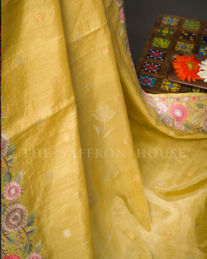 Mustard Yellow Tussar Silk Saree with Floral Embroidered Border