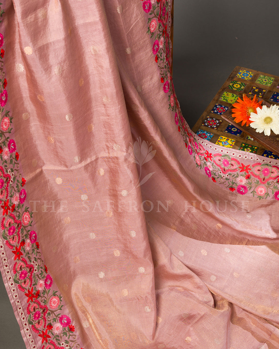 Dusty Pink Tussar Silk Saree with Floral Embroidered Border & Zari Butis