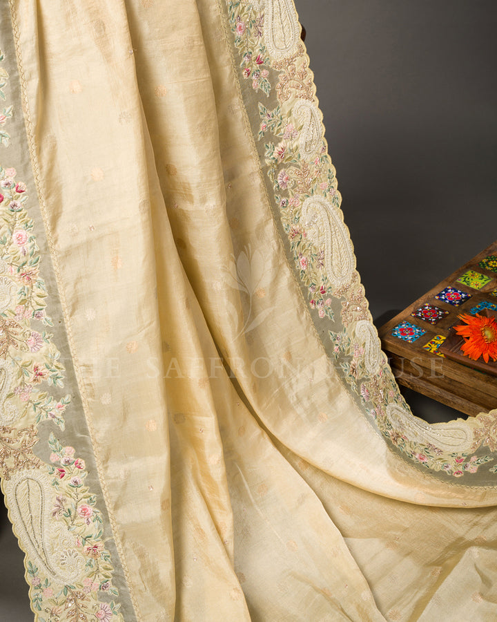 Beige Tussar Silk Saree with Sequin Paisley & Floral Embroidered Border