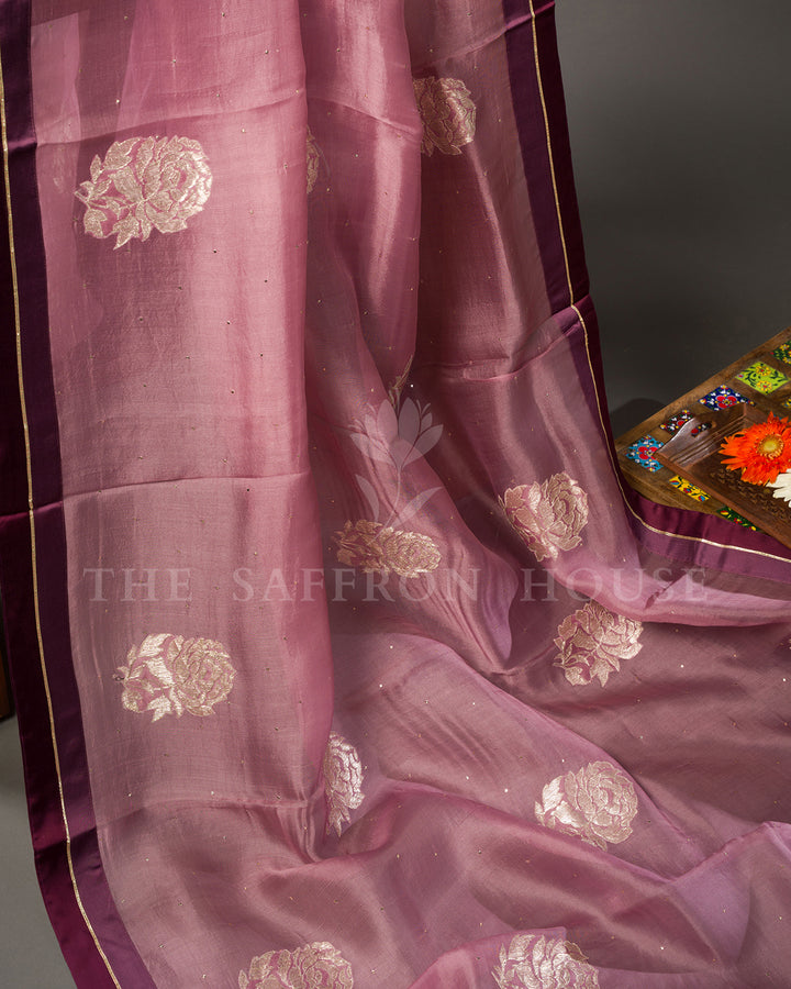 Mauve Organza Saree with Gold Rose Motifs & Contrast Wine Blouse