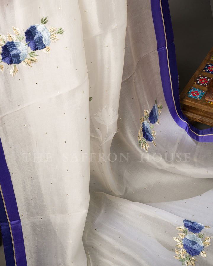 Ivory Tussar Silk Saree with Blue Floral Embroidery & Contrast Blue Blouse