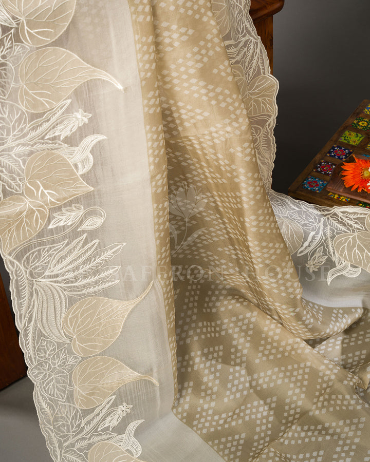 Ivory Tussar Silk Saree with Tone-on-Tone Leaf Embroidered Border