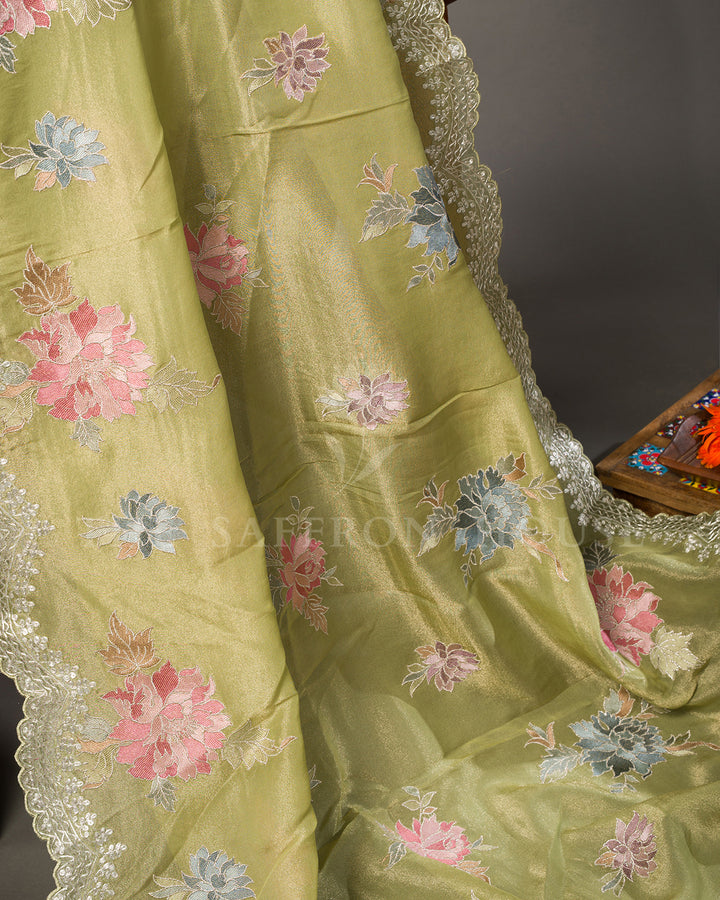 Green Tissue Organza Saree with Multicolor Floral Motifs & Scalloped Lace Border