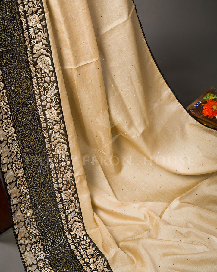 Beige Tussar Silk Saree with Black Sequin Floral Border & Fully Sequined Blouse