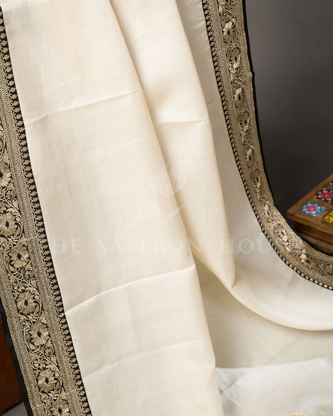 Ivory Tussar Silk Saree with Bird Motif Butis & Contrast Black Zari Border