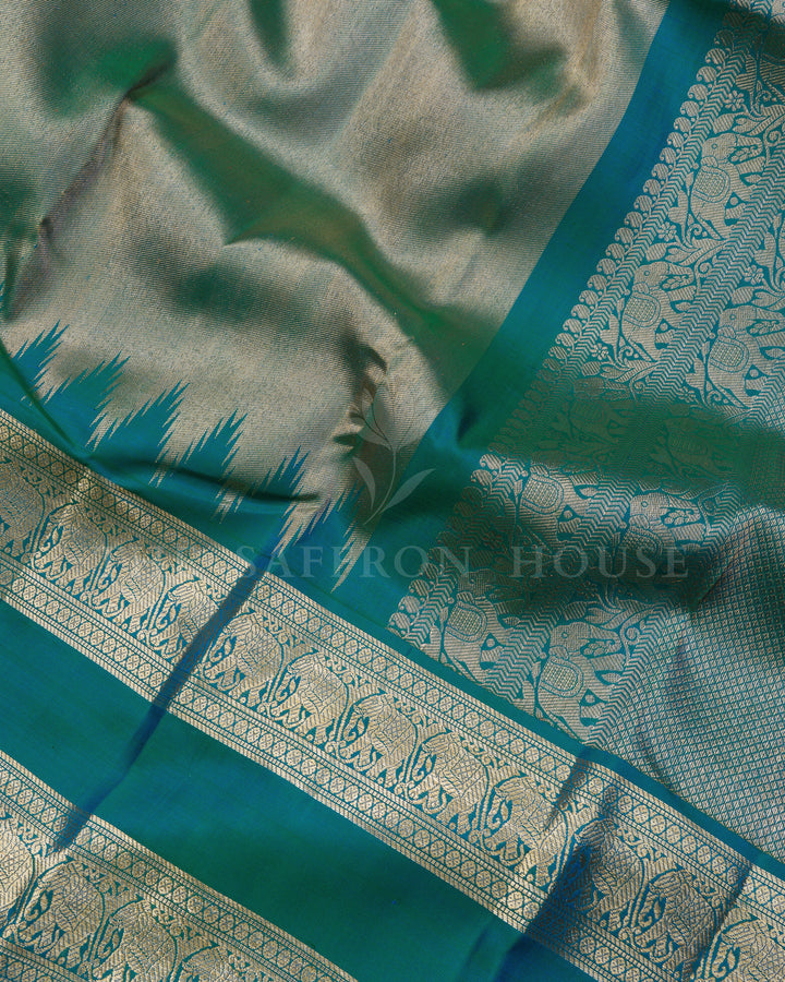 Peacock Blue Retta Pett Handwoven Kanjivaram Silk Saree - TSH2506266