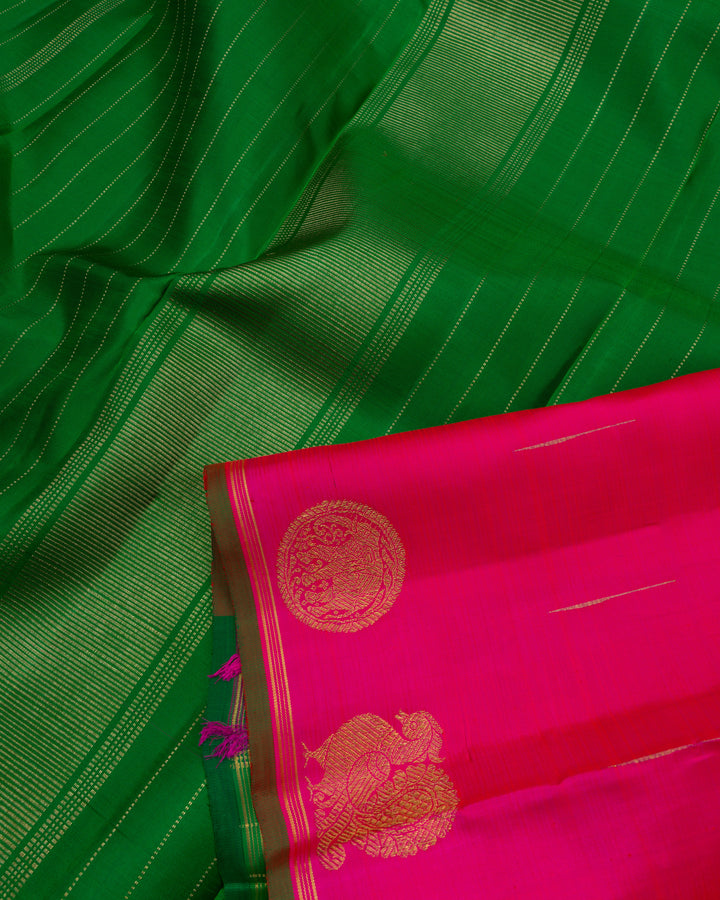 Rani Pink And Leaf Green Handwoven Kanjivaram Silk Saree - TSH2506228
