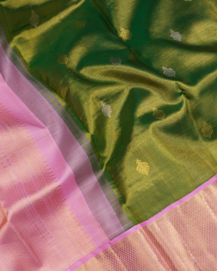 Green And Light Pink Handwoven Kanjivaram Silk Saree - TSH2506111-View4