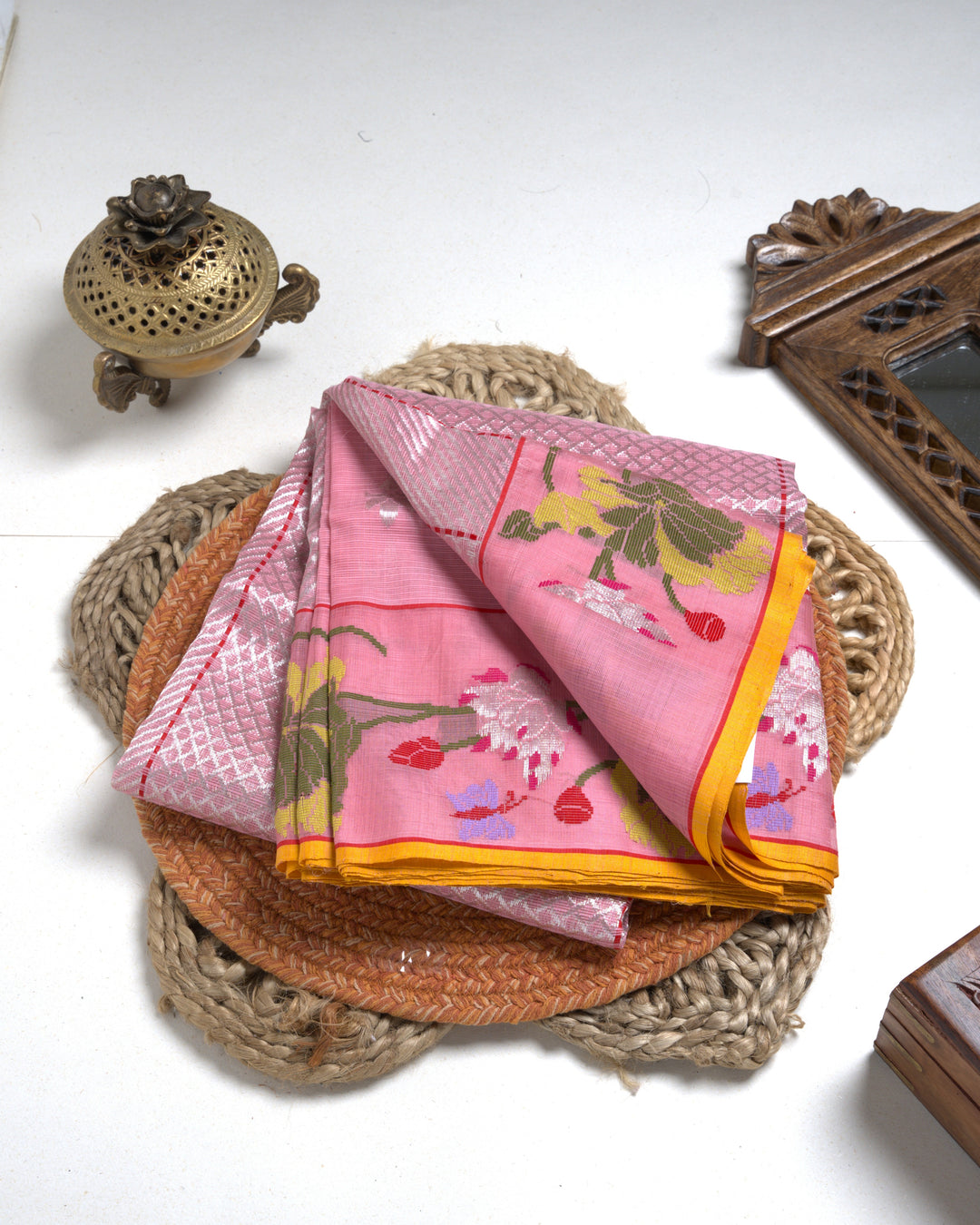 Pink Kota Saree with Multicolor Floral Border
