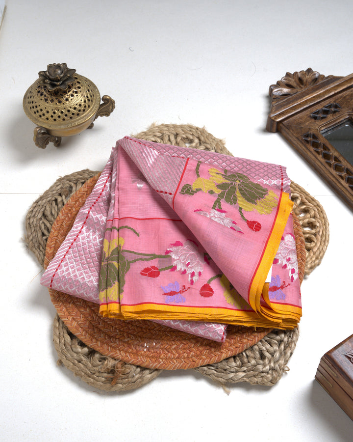 Pink Kota Saree with Multicolor Floral Border